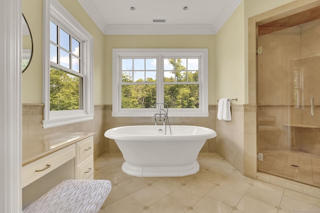 bathroom featuring vanity, plenty of natural light, and ornamental molding