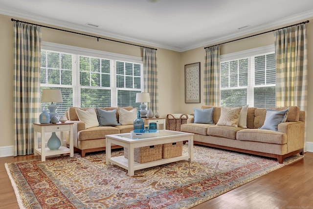 living room featuring hardwood / wood-style floors, ornamental molding, and a wealth of natural light