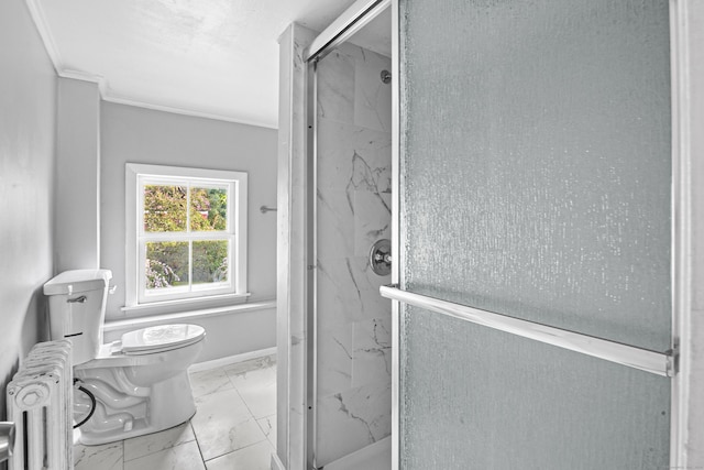 bathroom featuring walk in shower, radiator, crown molding, and toilet