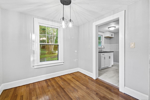 unfurnished dining area featuring sink and dark wood-type flooring