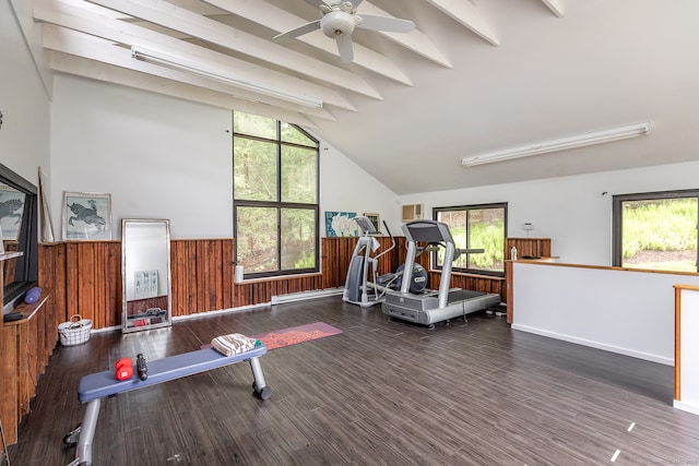 exercise area with wood walls, vaulted ceiling, ceiling fan, and hardwood / wood-style flooring