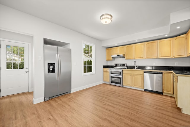 kitchen with light brown cabinetry, plenty of natural light, light wood-type flooring, and appliances with stainless steel finishes