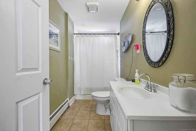 bathroom with tile patterned flooring, toilet, walk in shower, vanity, and baseboard heating