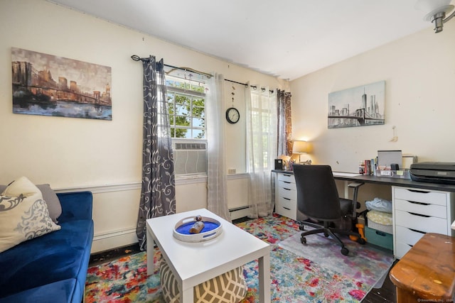 home office featuring cooling unit and a baseboard heating unit