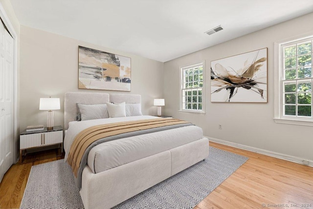 bedroom featuring hardwood / wood-style flooring, multiple windows, and a closet