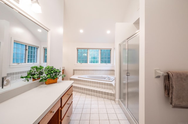 18 Hunters Ridge Rd, Southbury, CT 06488 - bathroom featuring a garden tub, a stall shower, tile patterned floors, recessed lighting, and vanity