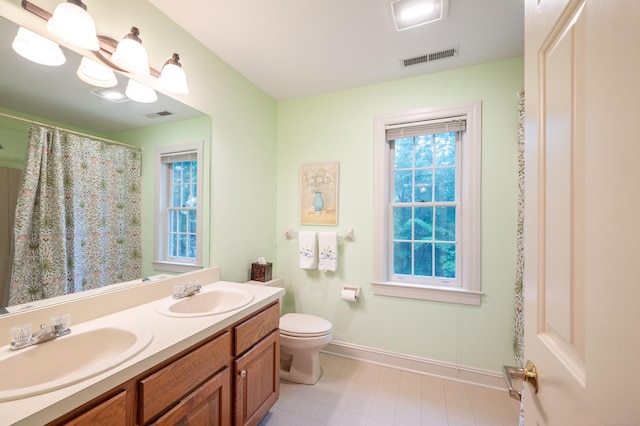 18 Hunters Ridge Rd, Southbury, CT 06488 - full bath with double vanity, baseboards, toilet, tile patterned flooring, and a shower with curtain