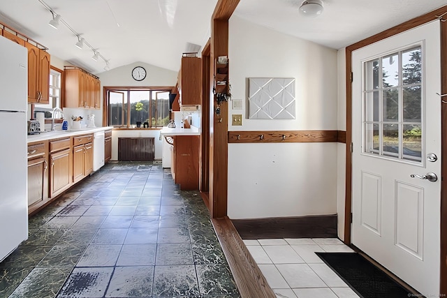 kitchen with white appliances, a healthy amount of sunlight, lofted ceiling, and sink