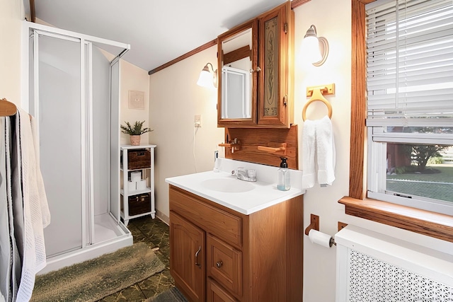 bathroom featuring vanity, crown molding, and a shower with shower door