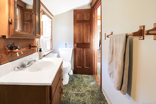 bathroom featuring vanity, toilet, tasteful backsplash, and vaulted ceiling