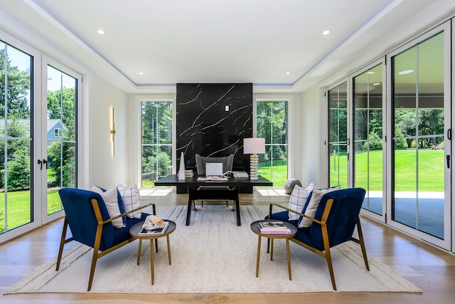 sunroom / solarium with a tray ceiling