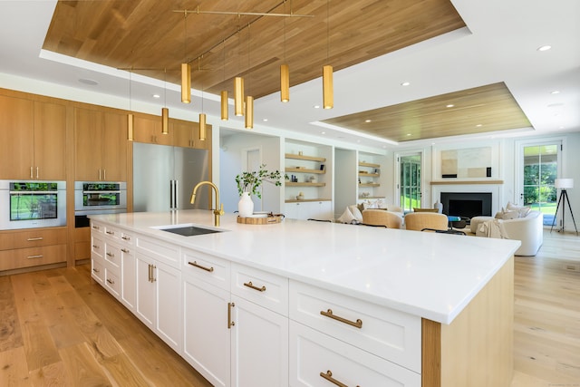 kitchen featuring white cabinets, stainless steel appliances, sink, and a tray ceiling