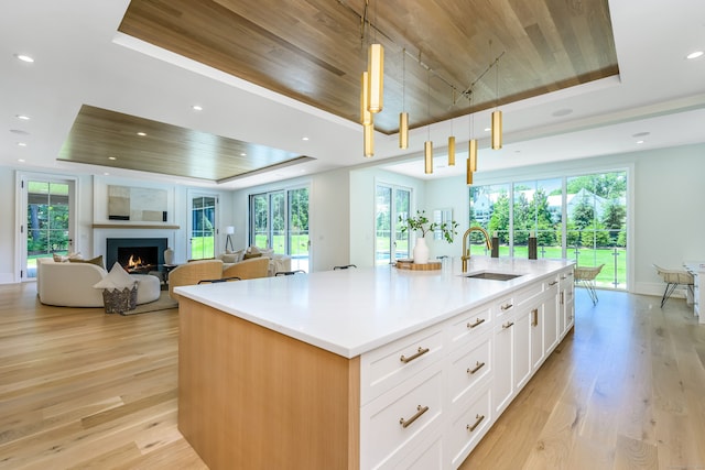 kitchen with white cabinets, a raised ceiling, hanging light fixtures, and sink