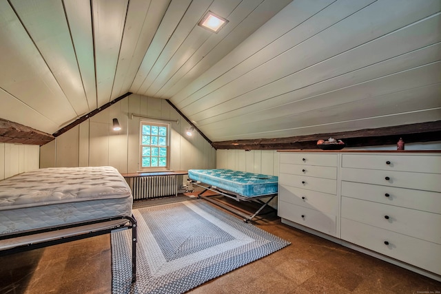 bedroom featuring wood walls, wooden ceiling, lofted ceiling, and carpet floors