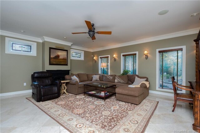 tiled living room with crown molding and ceiling fan