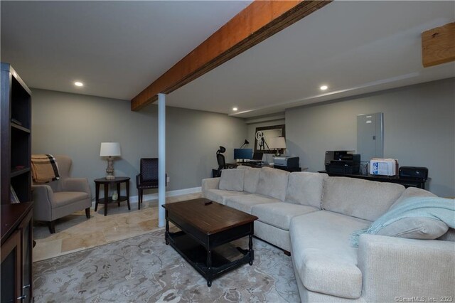 tiled living room with beamed ceiling