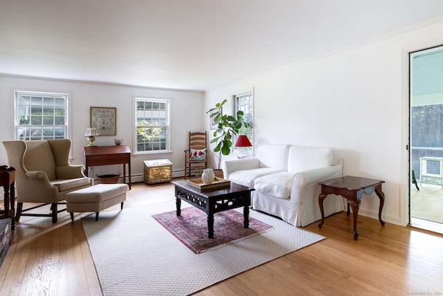 living room featuring baseboard heating, crown molding, and light hardwood / wood-style floors