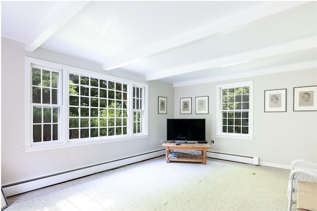 living room with beam ceiling and baseboard heating