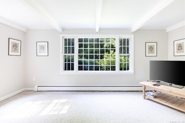 living room with beam ceiling, carpet floors, and baseboard heating