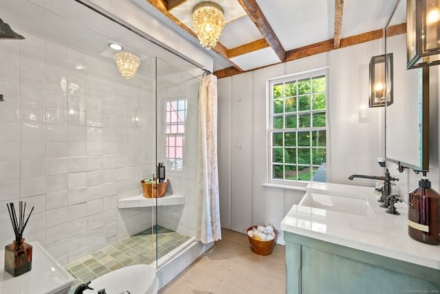 bathroom with beam ceiling, wood-type flooring, vanity, a notable chandelier, and a shower with curtain