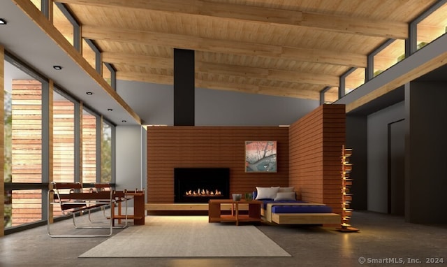 living room featuring beam ceiling, wood ceiling, and a fireplace