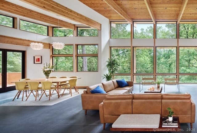 sunroom / solarium with beam ceiling, a notable chandelier, and wood ceiling