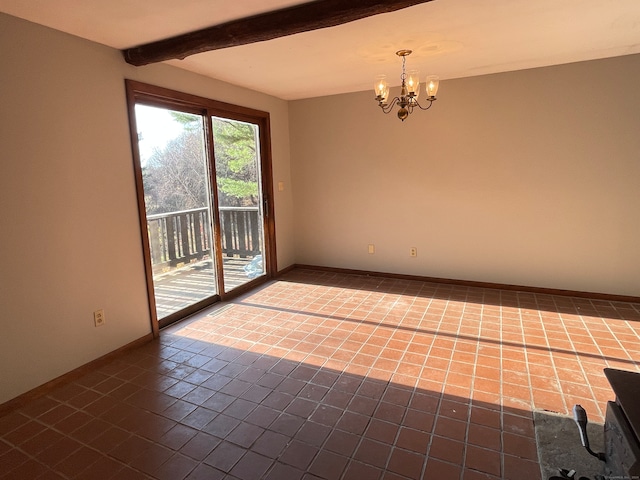 empty room with tile patterned flooring, beamed ceiling, and a chandelier