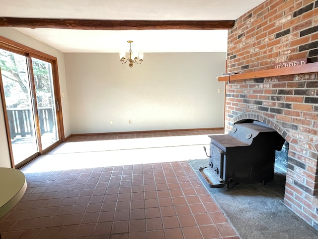 unfurnished living room with beamed ceiling and a wood stove