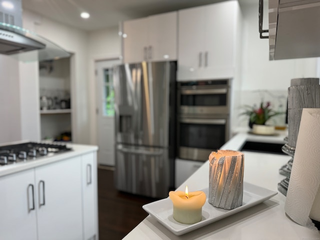 kitchen featuring white cabinets, ventilation hood, and stainless steel appliances