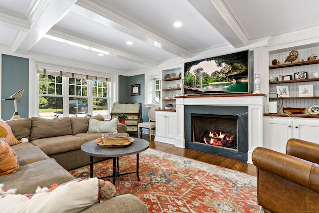 living room featuring ornamental molding, dark hardwood / wood-style floors, beam ceiling, and coffered ceiling