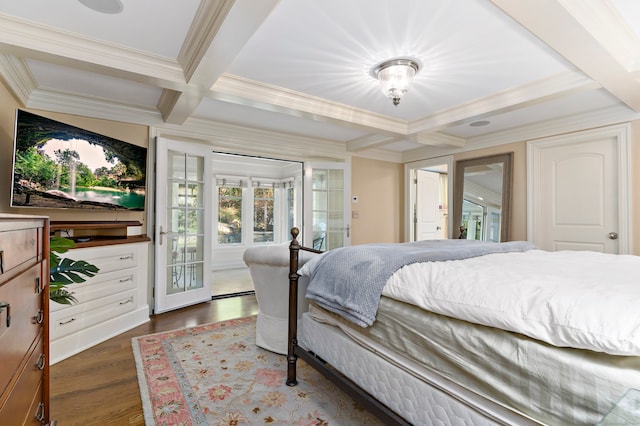 bedroom with ornamental molding, dark hardwood / wood-style floors, beam ceiling, and coffered ceiling