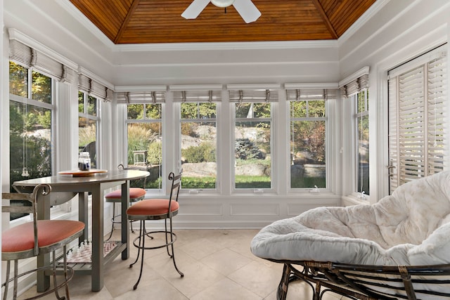 sunroom featuring wooden ceiling and ceiling fan