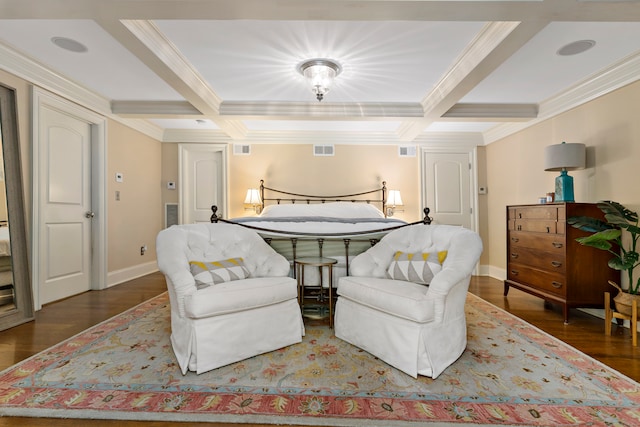 bedroom with ornamental molding, dark hardwood / wood-style floors, beamed ceiling, and coffered ceiling