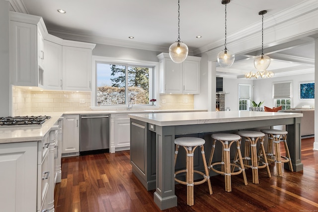 kitchen featuring white cabinets, a healthy amount of sunlight, dark wood-style flooring, and appliances with stainless steel finishes