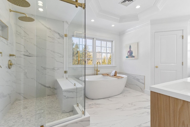 full bathroom featuring a freestanding tub, a marble finish shower, visible vents, marble finish floor, and ornamental molding