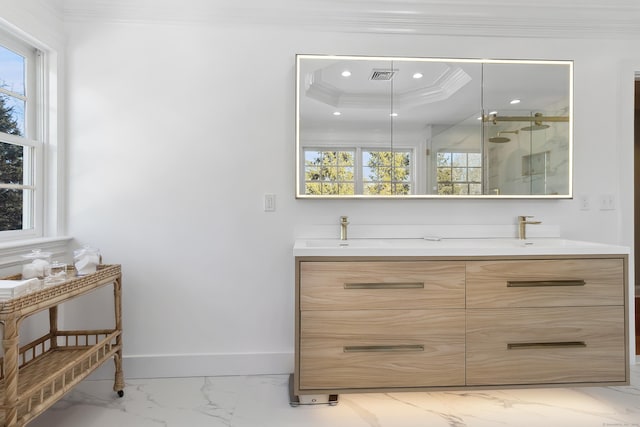 bathroom featuring a raised ceiling, crown molding, a marble finish shower, marble finish floor, and visible vents