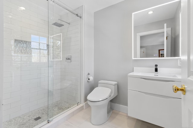 full bathroom featuring recessed lighting, a shower stall, vanity, toilet, and baseboards