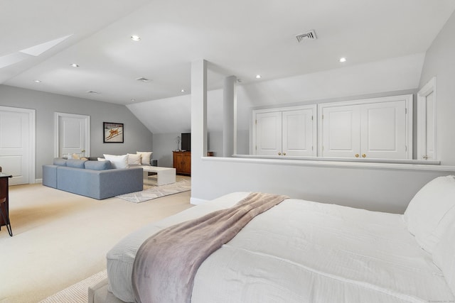 bedroom featuring recessed lighting, visible vents, light carpet, baseboards, and lofted ceiling