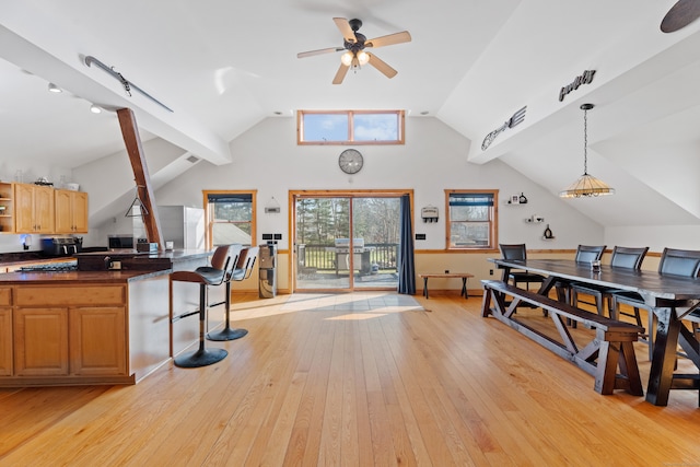 interior space with lofted ceiling, ceiling fan, and light hardwood / wood-style flooring