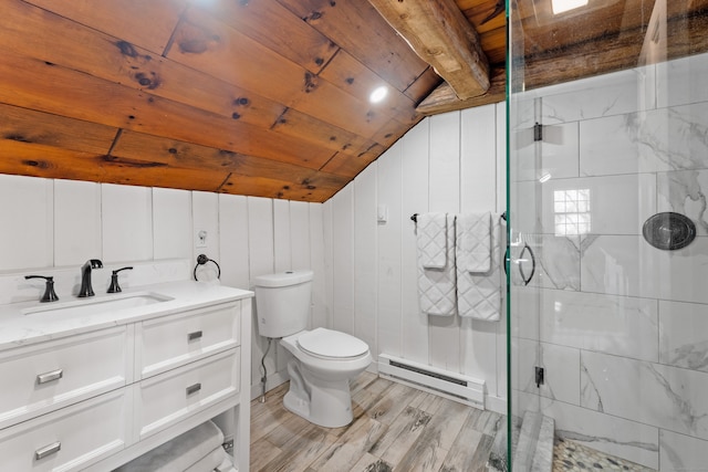 bathroom with hardwood / wood-style flooring, an enclosed shower, a baseboard heating unit, lofted ceiling, and wooden ceiling