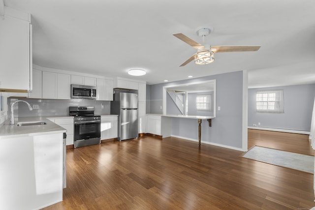 kitchen featuring white cabinetry, sink, a baseboard heating unit, decorative backsplash, and appliances with stainless steel finishes