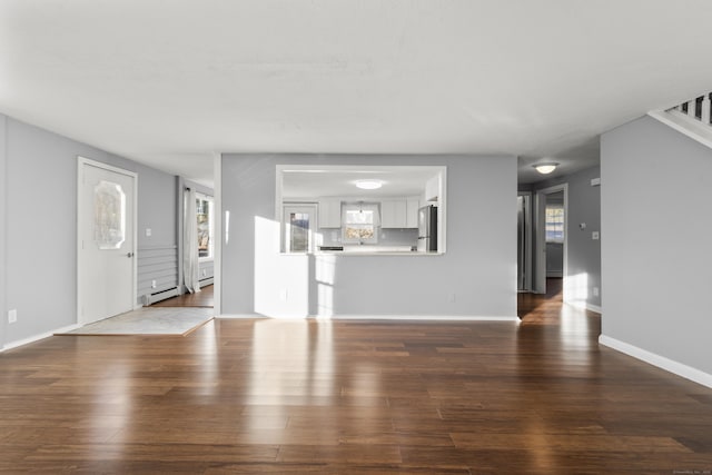 unfurnished living room with dark hardwood / wood-style floors