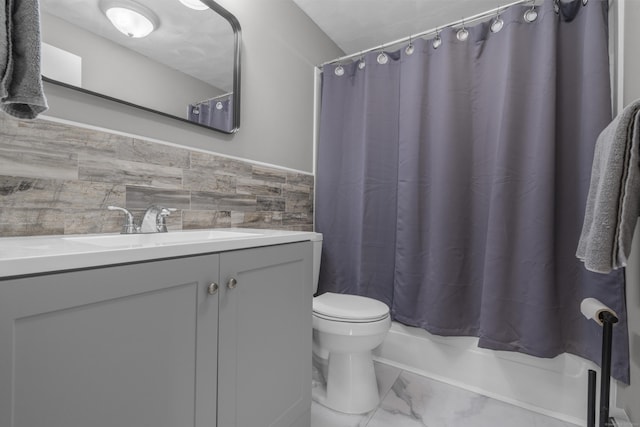 bathroom with vanity, shower / bath combination with curtain, and tile walls