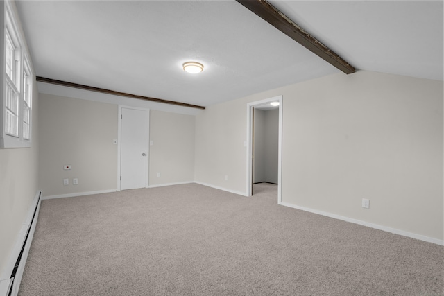 unfurnished room featuring lofted ceiling with beams, light colored carpet, and a baseboard heating unit