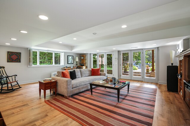 living room featuring french doors and light hardwood / wood-style floors