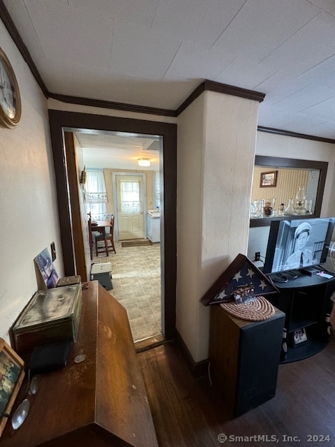 corridor featuring crown molding and hardwood / wood-style flooring