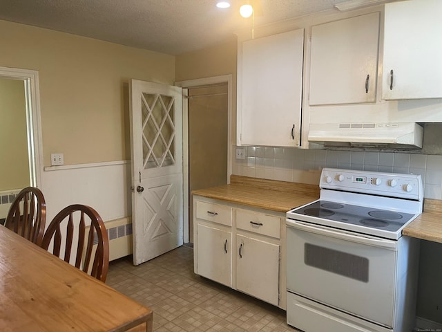 kitchen featuring white cabinetry, a textured ceiling, white range with electric stovetop, and decorative backsplash