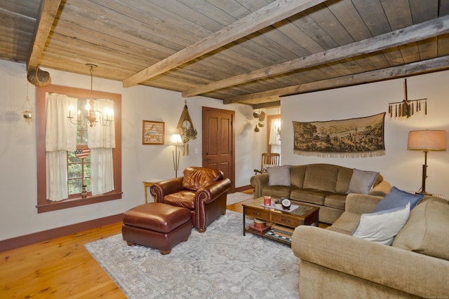 living room featuring hardwood / wood-style floors, beam ceiling, wood ceiling, and an inviting chandelier