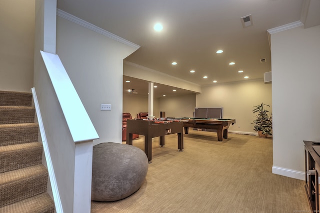 rec room featuring pool table, ornamental molding, and carpet flooring