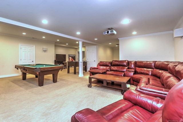 recreation room with light carpet, ornamental molding, and pool table